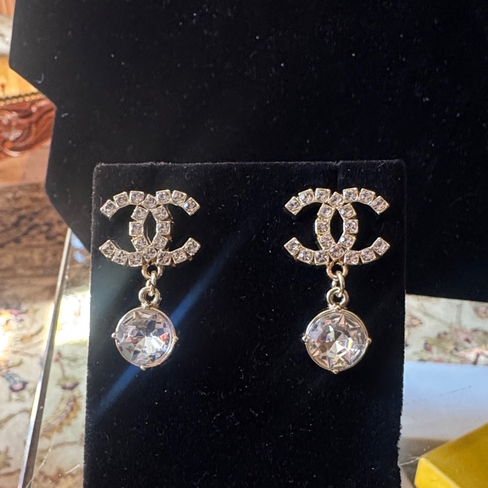 CHANEL Gold-Tone CC Crystal Drop Earrings - Clear